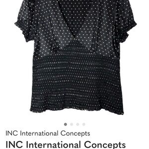 INC International Concepts Black and White Polka Dot V-Neck Blouse (8) Must Have